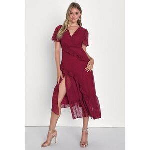 Lulus Next to You Plum Swiss Dot Ruffled Midi Dress